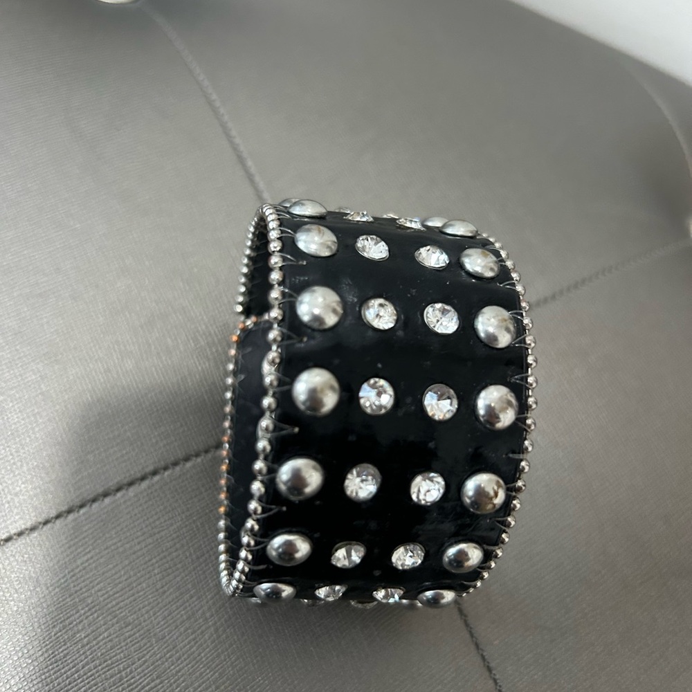 Genuine Black Leather White Rhinestones & Silver  Studded Retro Band Bracelet